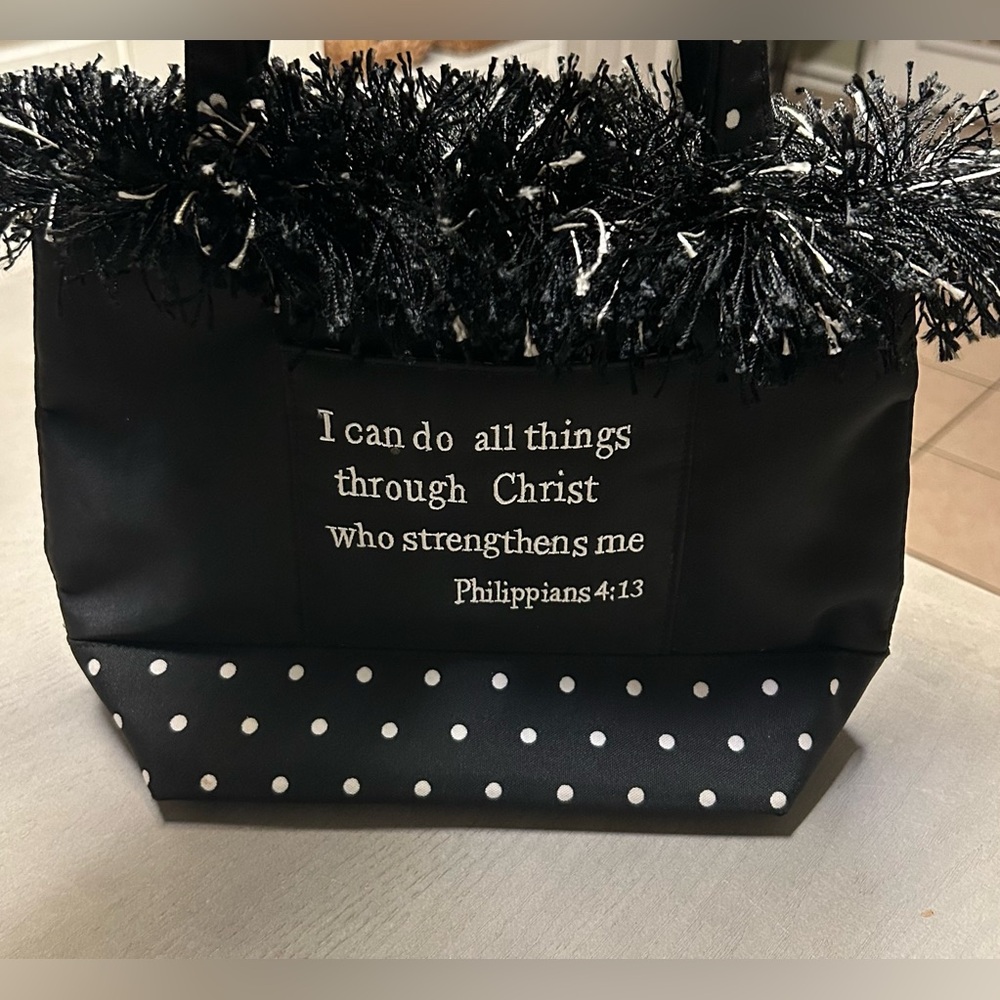Tote Bag Black With‎ Philippians 4:13 Embroidered Fringe Handbag Polka Dots